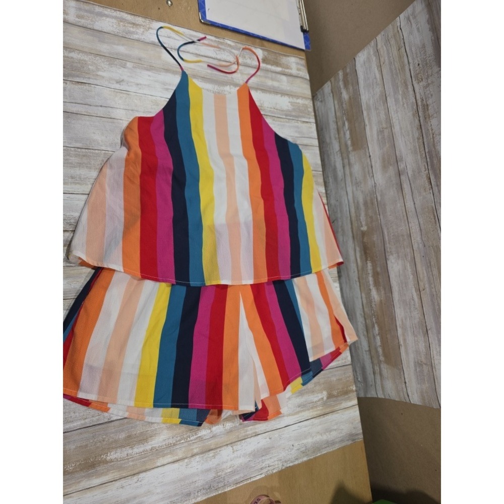Listicle Rainbow Stripe Tiered Tank Top Shorts Women's Size M Romper